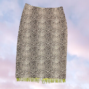 Vtg Bliss 90s Y2k Leopard Cheetah Funky Neon Green Beaded Fringe Midi Skirt Sz 4